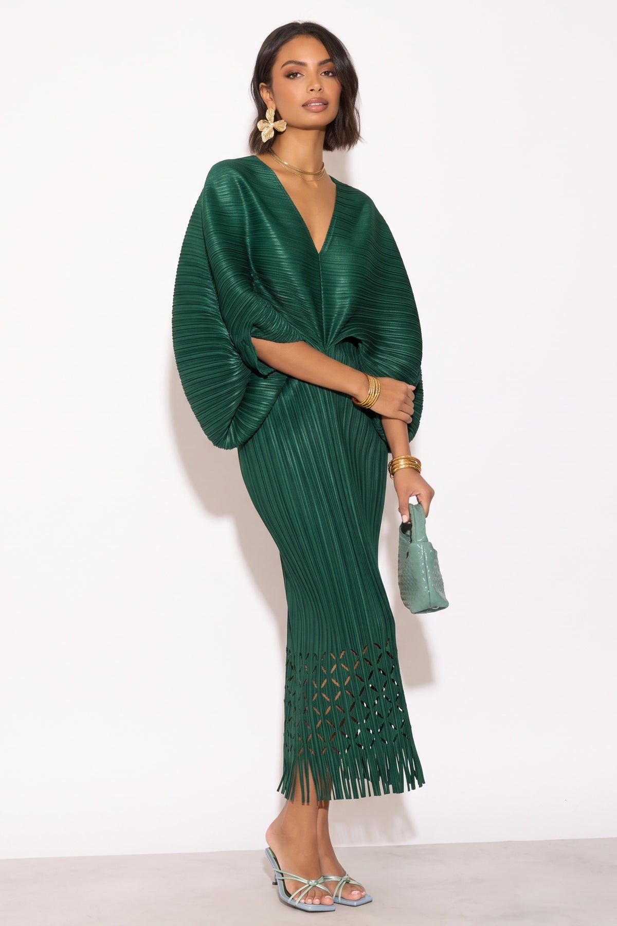 Floral Cutwork Pleated Kimono Sleeve Midi Dress