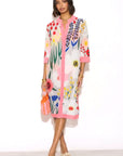 Painterly Wildflower Sheer Shirt Dress – Pink Trim