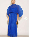 Pleated long dress with organza pleated cape sleeves in Royal Blue