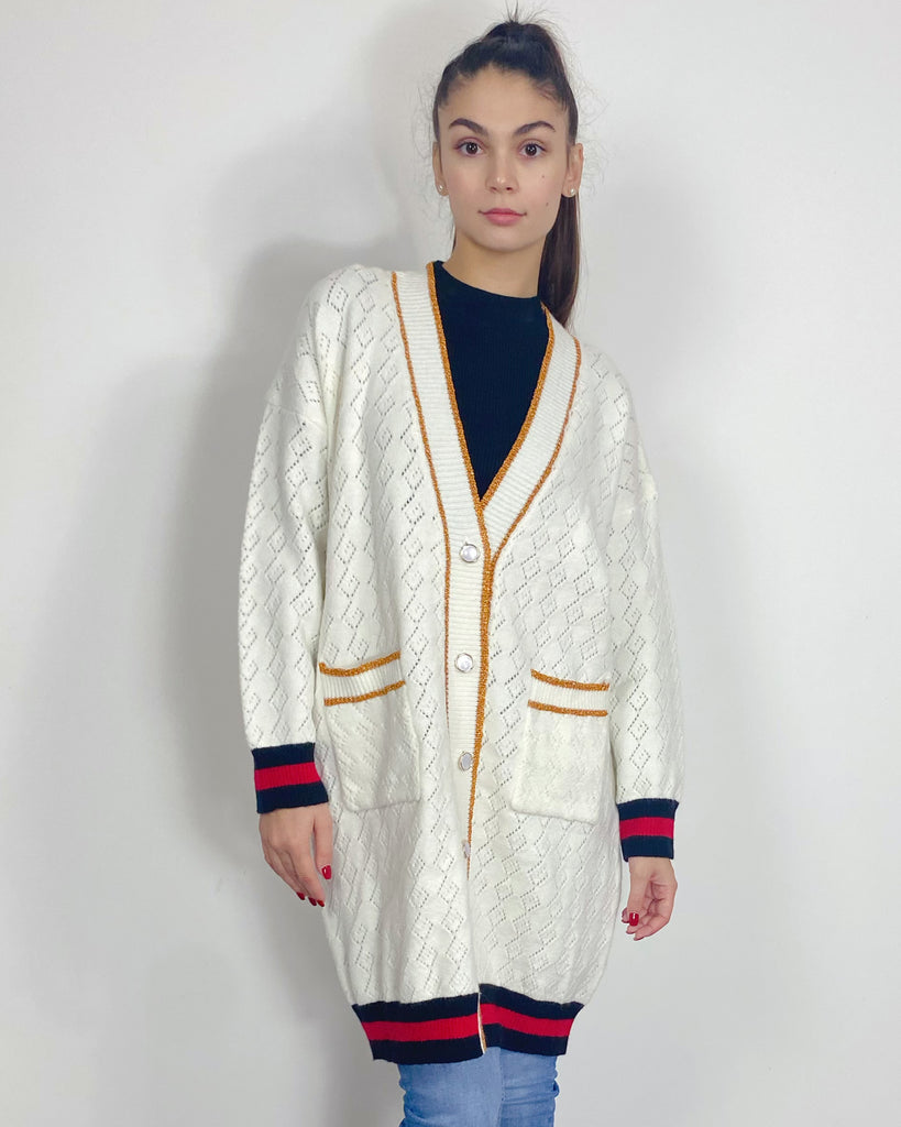 Jacquard design knit Long Cardigan with Gold Trim design in Cream