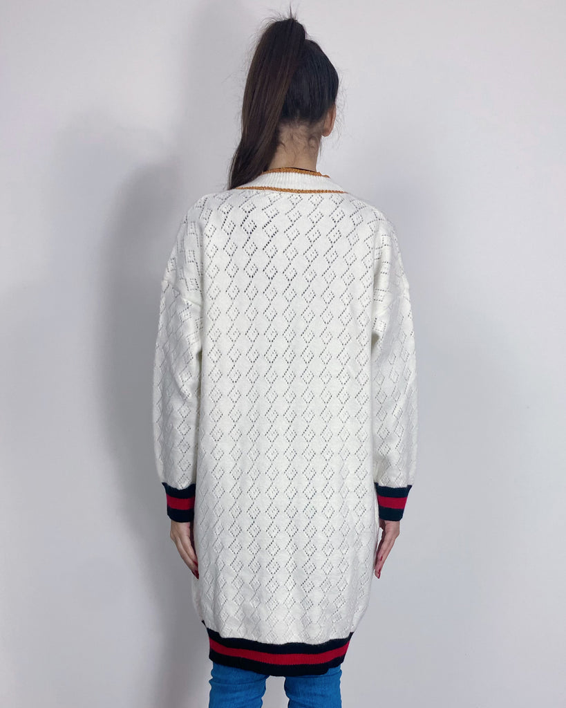 Jacquard design knit Long Cardigan with Gold Trim design in Cream