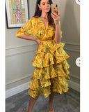 Floral Print Ruffl Multi Layer Hem design Dress in Yellow