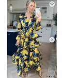 Floral Print Ruffl Multi Layer Hem design Maxi Dress in Yellow