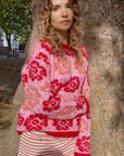 Red And Pink Floral Pattern Soft Knit Jumper