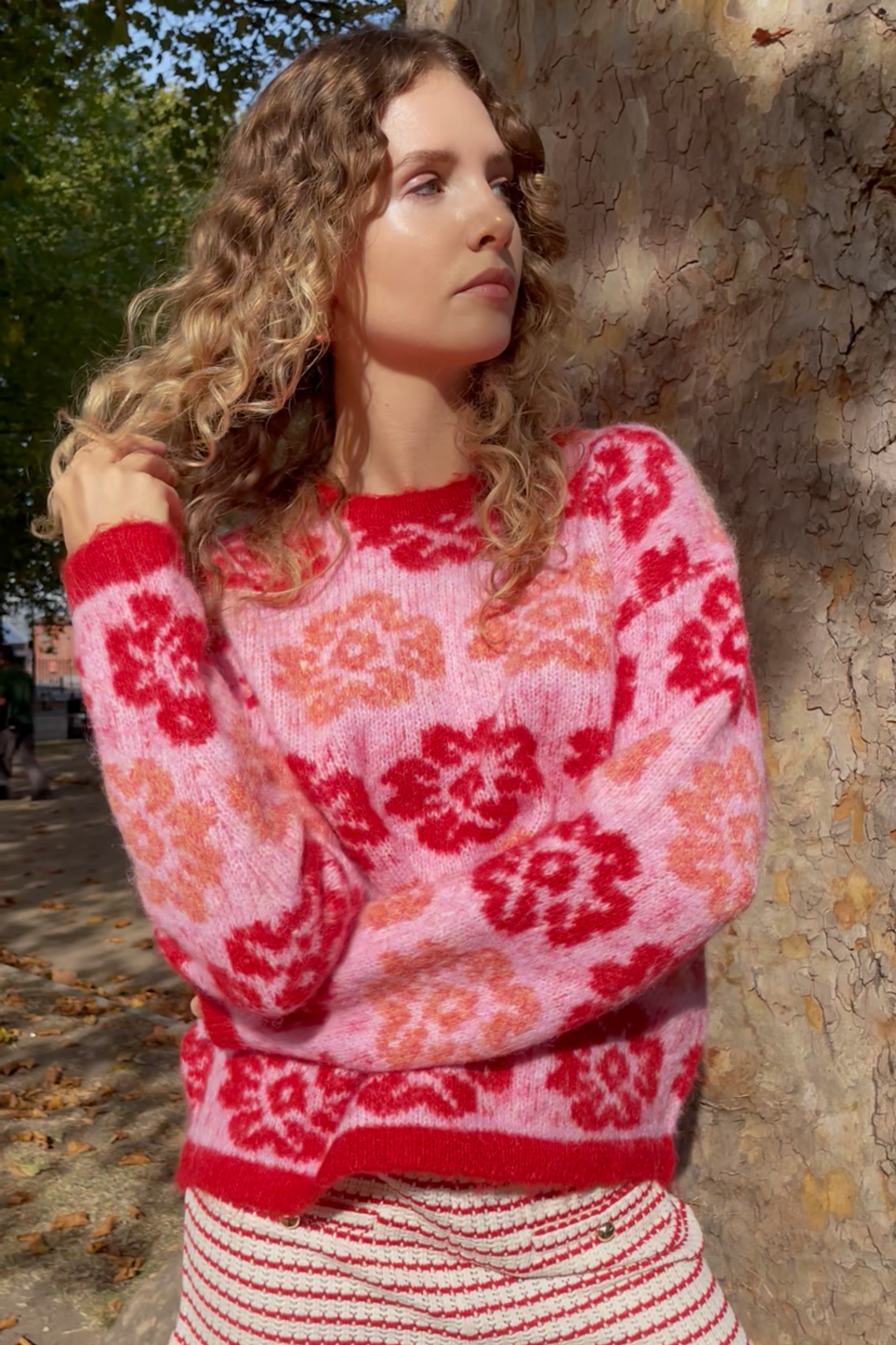 Red And Pink Floral Pattern Soft Knit Jumper