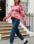 Red And Pink Floral Pattern Soft Knit Jumper