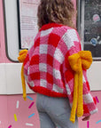 Red White Checked Print Pattern with Big Bow design HandKnit Cardigan