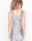 Plain color sequin V neck dress (Sliver）