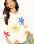 Floral Pattern Embroidered Soft knit Long Sleeves Jumper in Cream