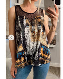 Vintage House Print Chiffon Vest Top (Brown)
