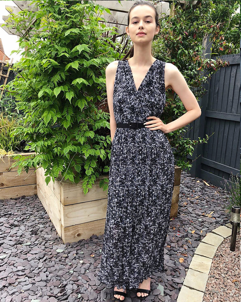Chiffon Cross Wrap Maxi Dress Lace Print