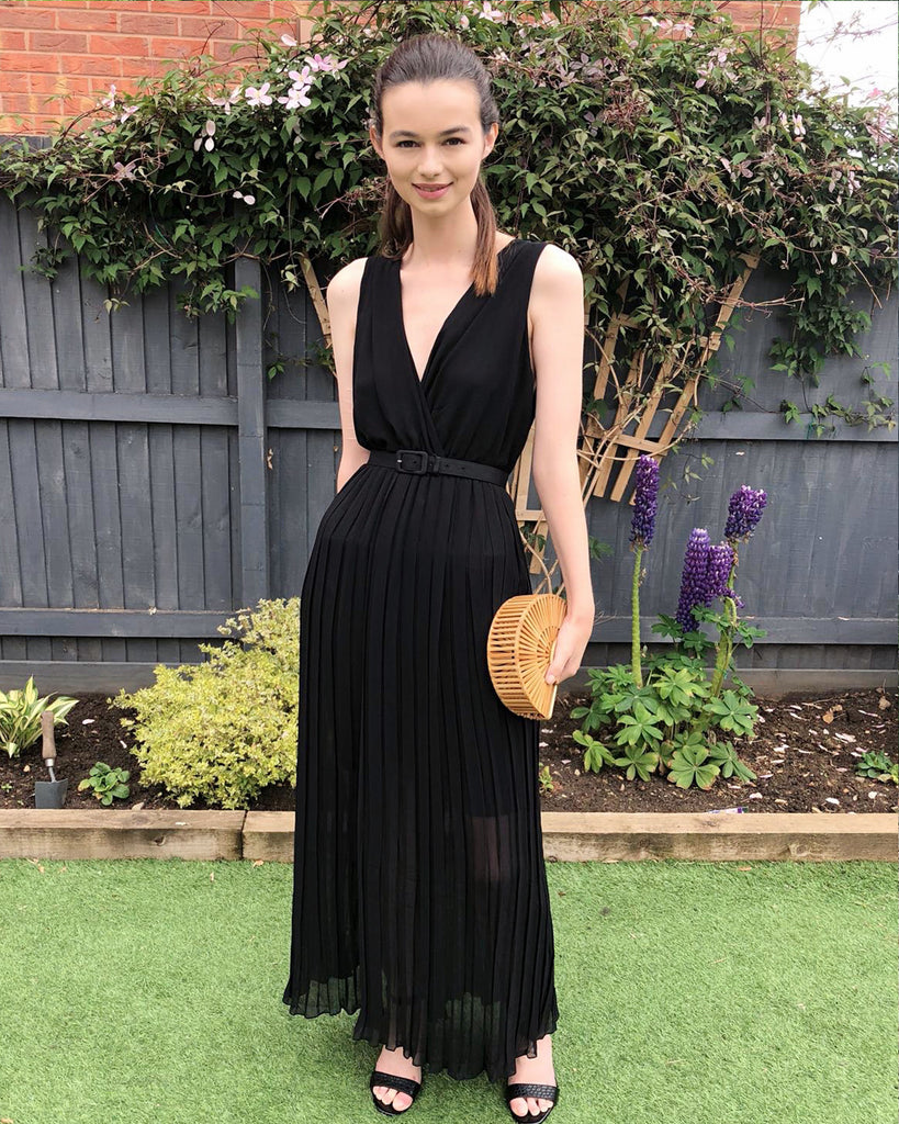 Chiffon Cross Wrap Maxi Dress in black color
