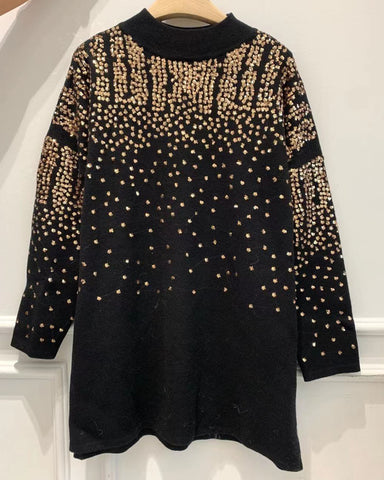 Gold sequin embellished front and sleeves design jumper dress in black