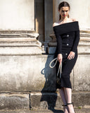 Off shoulder knit bodycon midi dress in black