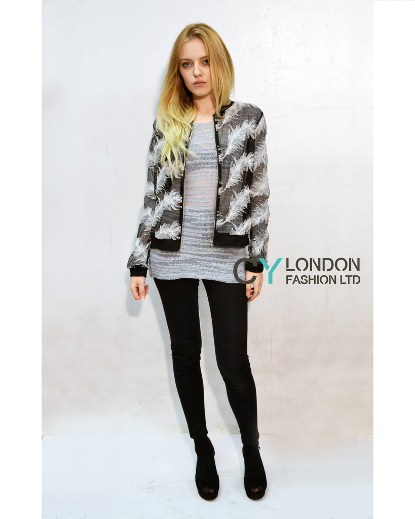 Feather Lace Organza Black & White Bomber Jacket