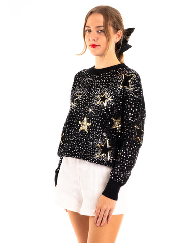 Sequin embellished with stars design knit jumper in black