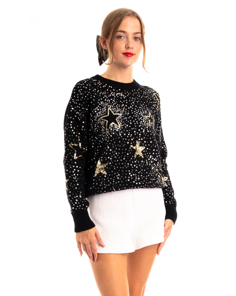 Sequin embellished with stars design knit jumper in black
