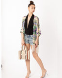 Floral Scarf Print Cotton Fringe Kimono Top