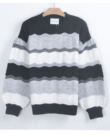 Multi color stripe soft knit oversized relaxed fit jumper balloon sleeves