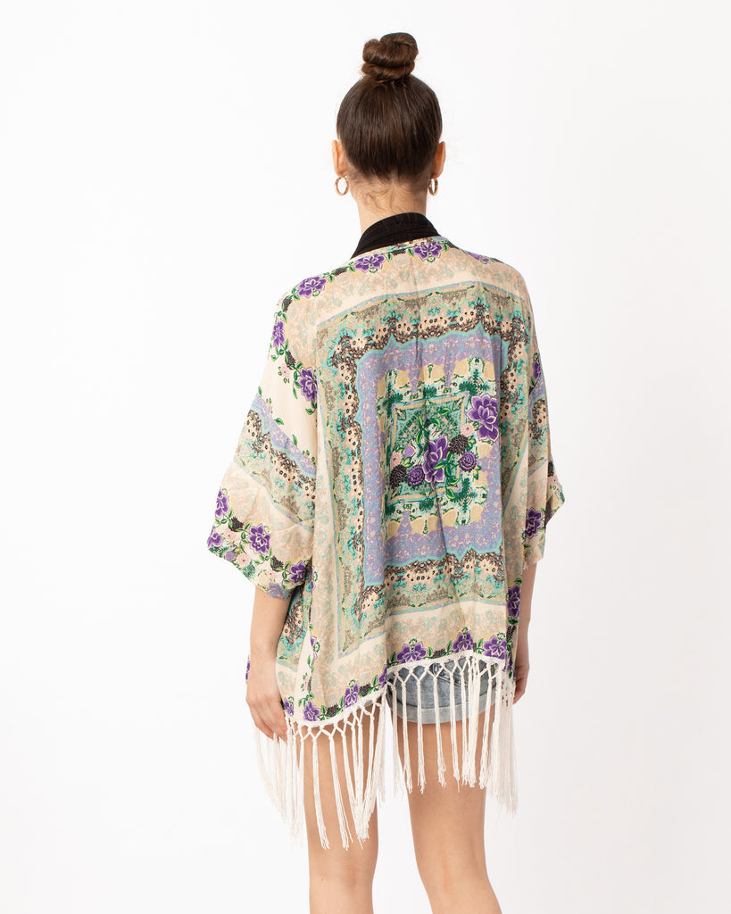 Floral Scarf Print Cotton Fringe Kimono Top