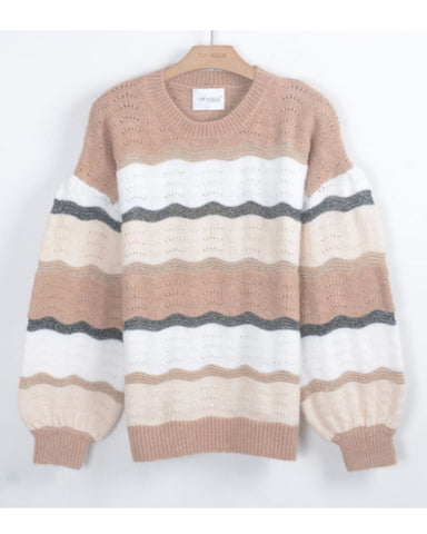 Multi color stripe soft knit oversized relaxed fit jumper balloon sleeves