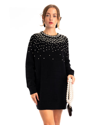 Multi faxu Pearl embellished design neckline long knit jumper dress in black