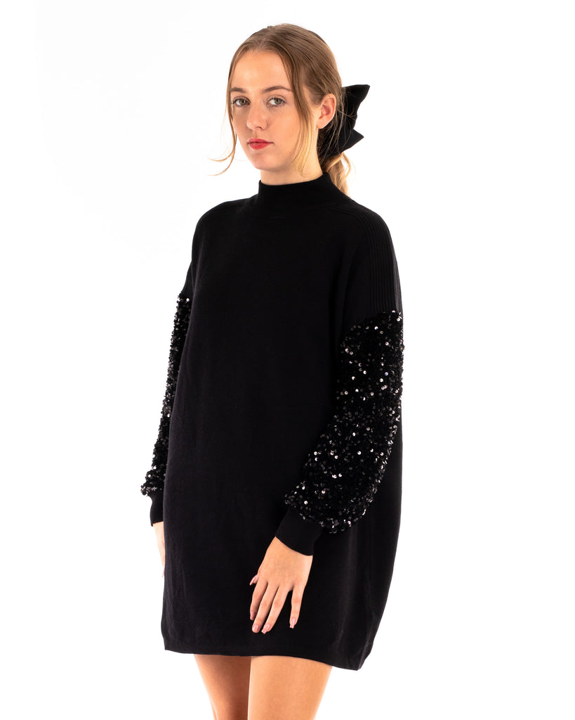 Sequin embellished full sleeves jumper dress in black