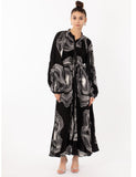 Black Textured scarf print pleated long shirt dress