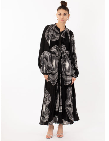 Black Textured scarf print pleated long shirt dress