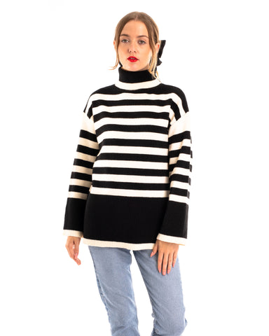 Soft Knit Striped roll-neck design cozy wool-blended jumper in black