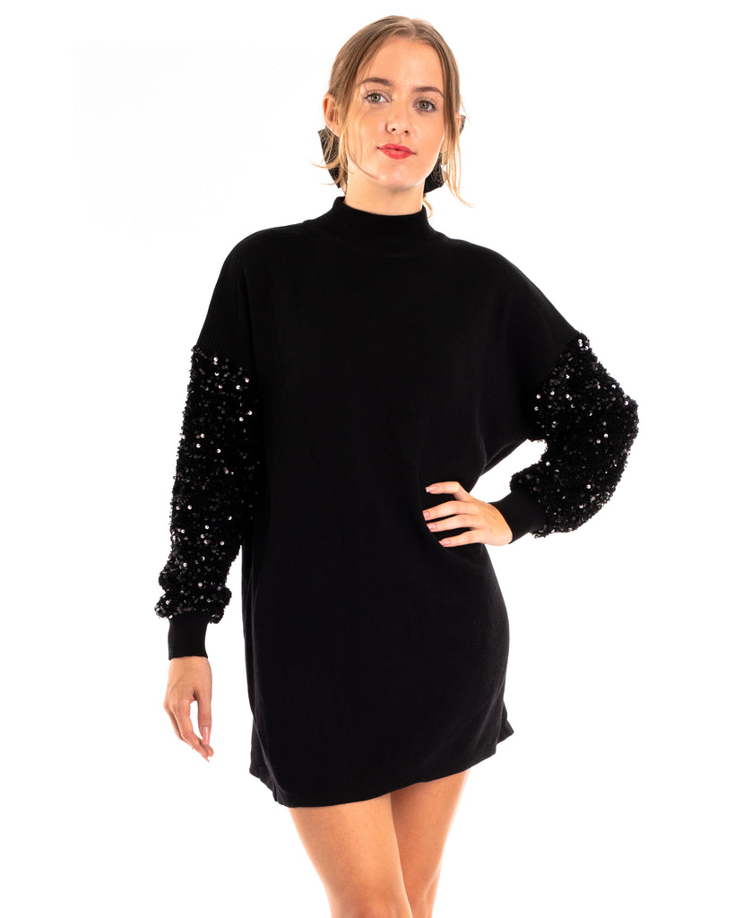 Sequin embellished full sleeves jumper dress in black