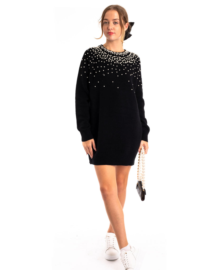 Multi faxu Pearl embellished design neckline long knit jumper dress in black