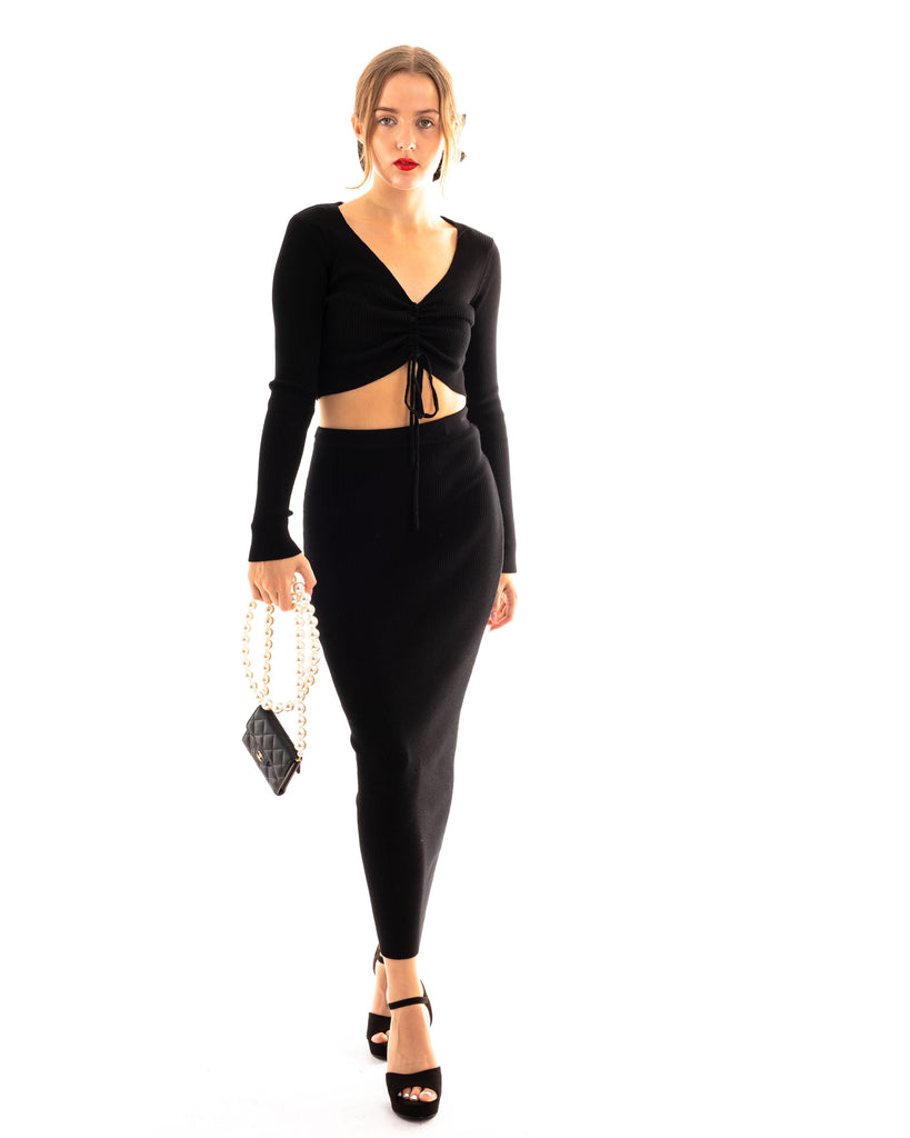Gather lace up long sleeves top and maxi skirt co-ords suits in black