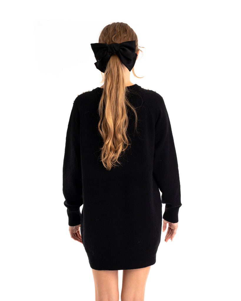Multi faxu Pearl embellished design neckline long knit jumper dress in black