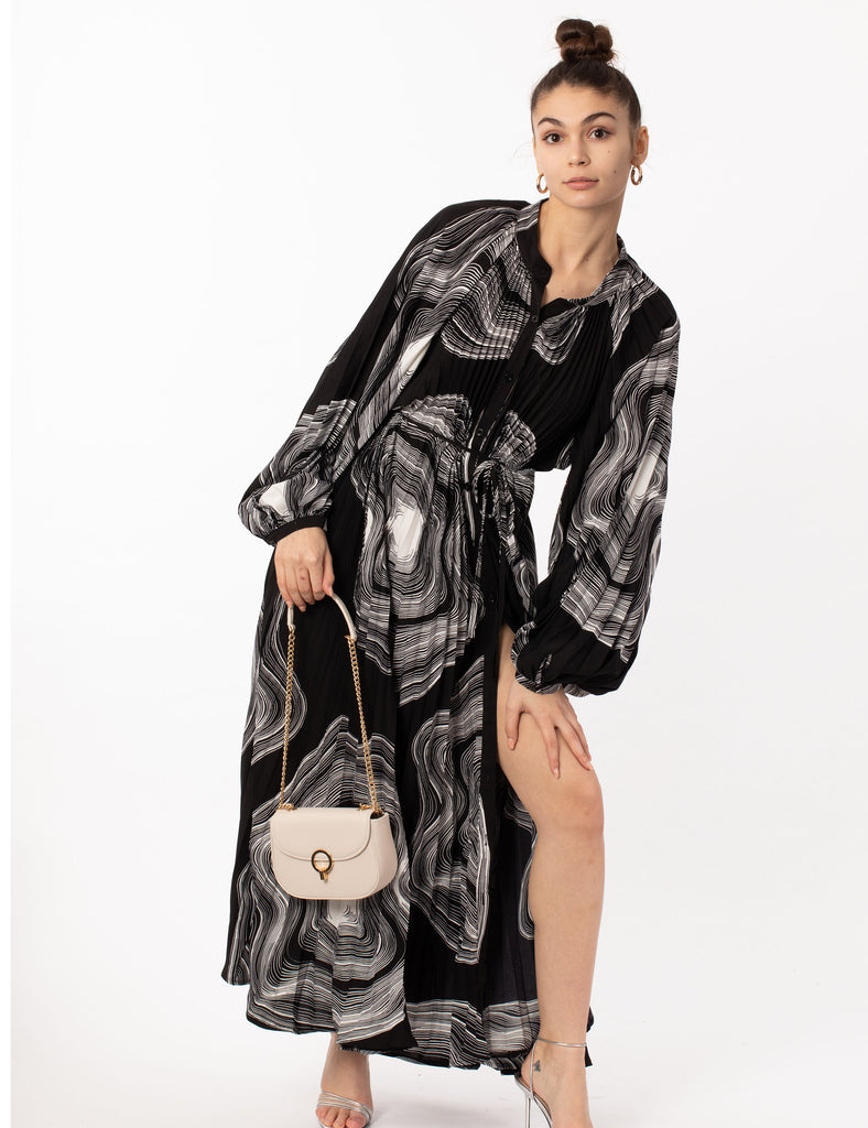 Black Textured scarf print pleated long shirt dress