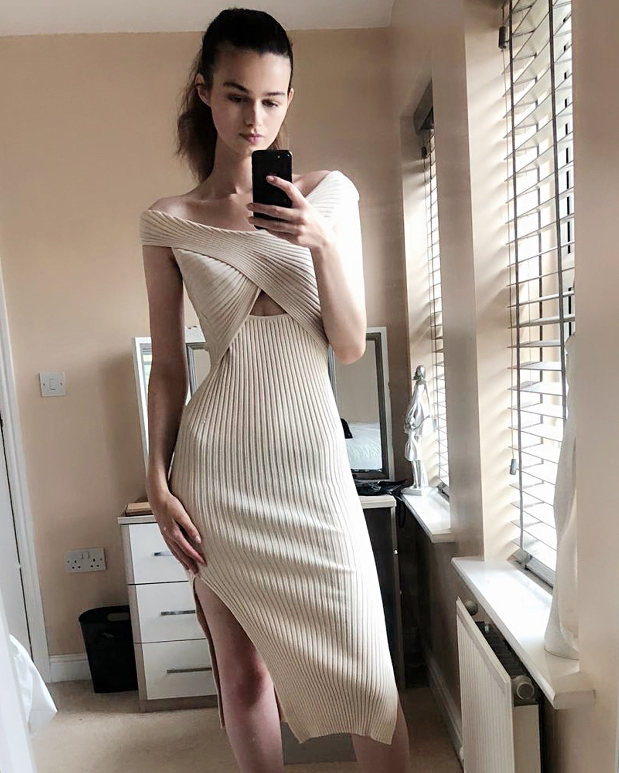 Ribbed Knit Bodycon Dress with Cut-out design CYLONDON Ribbed Knit Bodycon Dress with Cut-out design CYLONDON