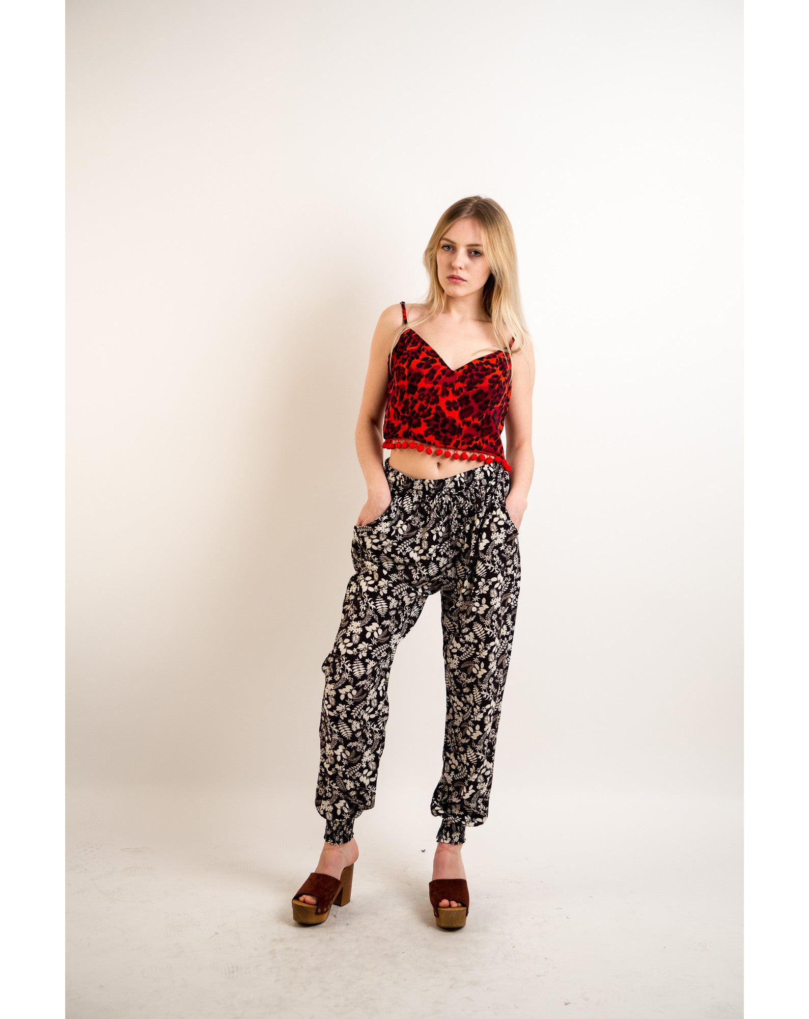 Leaves' print elasticated waist Cotton Trousers (Blue)