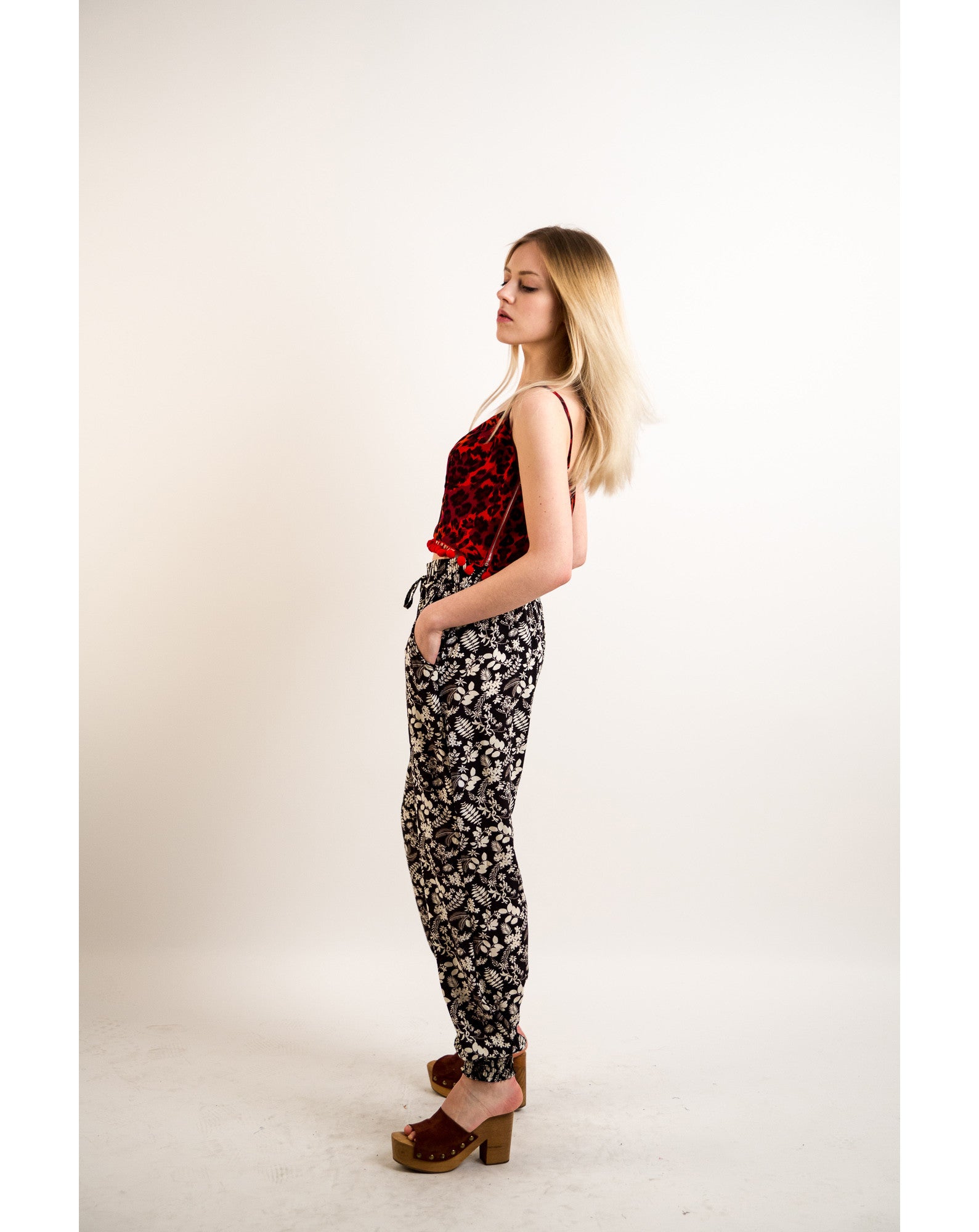 Leaves' print elasticated waist Cotton Trousers (Blue)