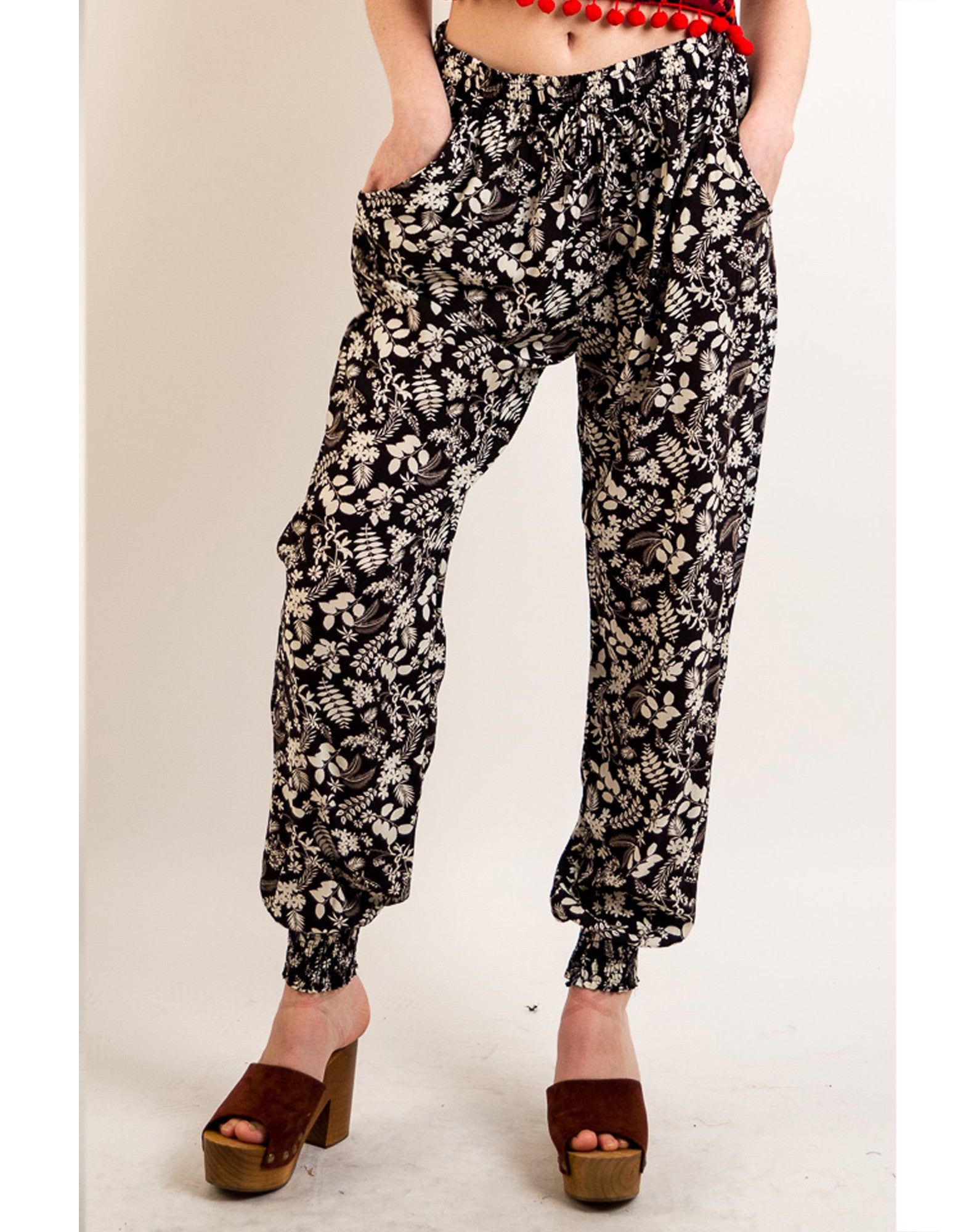 Leaves' print elasticated waist Cotton Trousers (Blue)