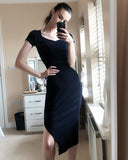 Short sleeves Ribbed Knit Bodycon Dress with Side Split in black