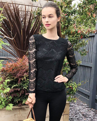 Elegant Floral lace long sleeves top in black