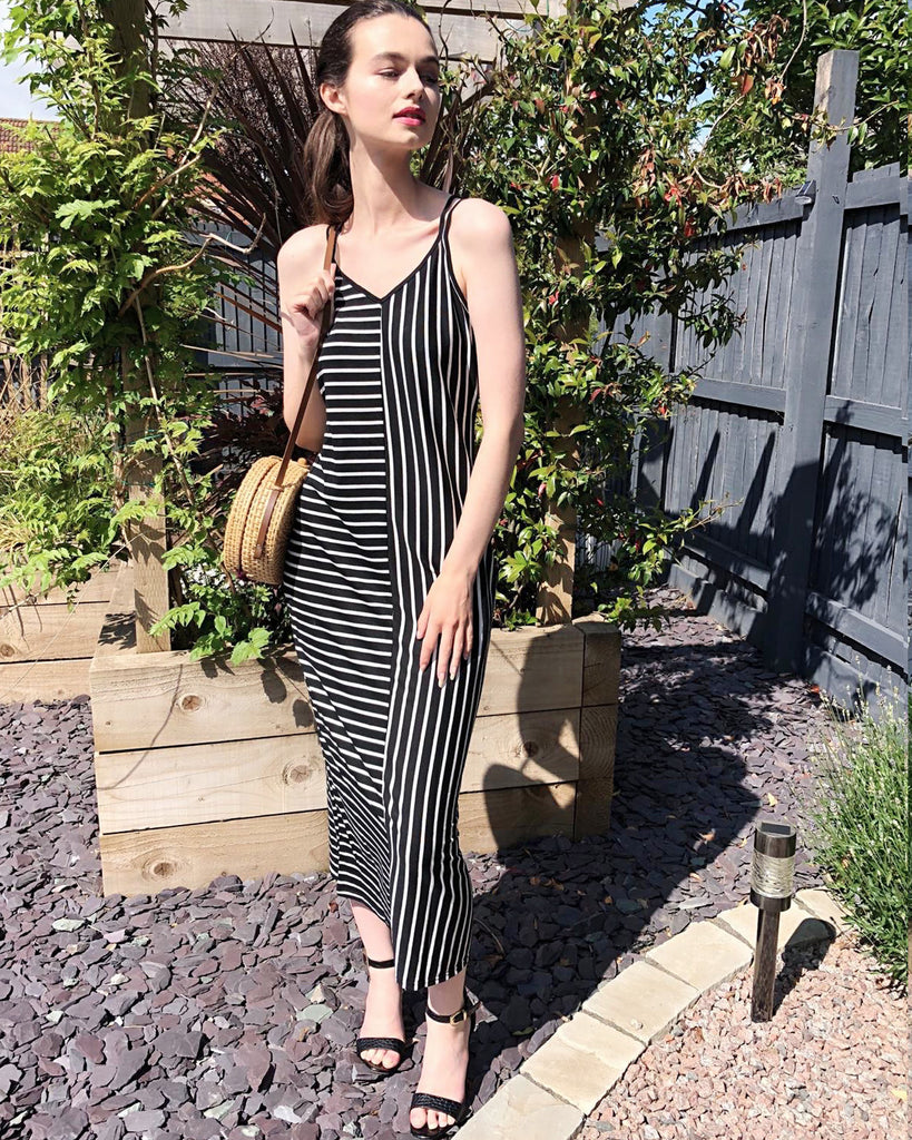Double strip navy white stripe Maxi dress in black