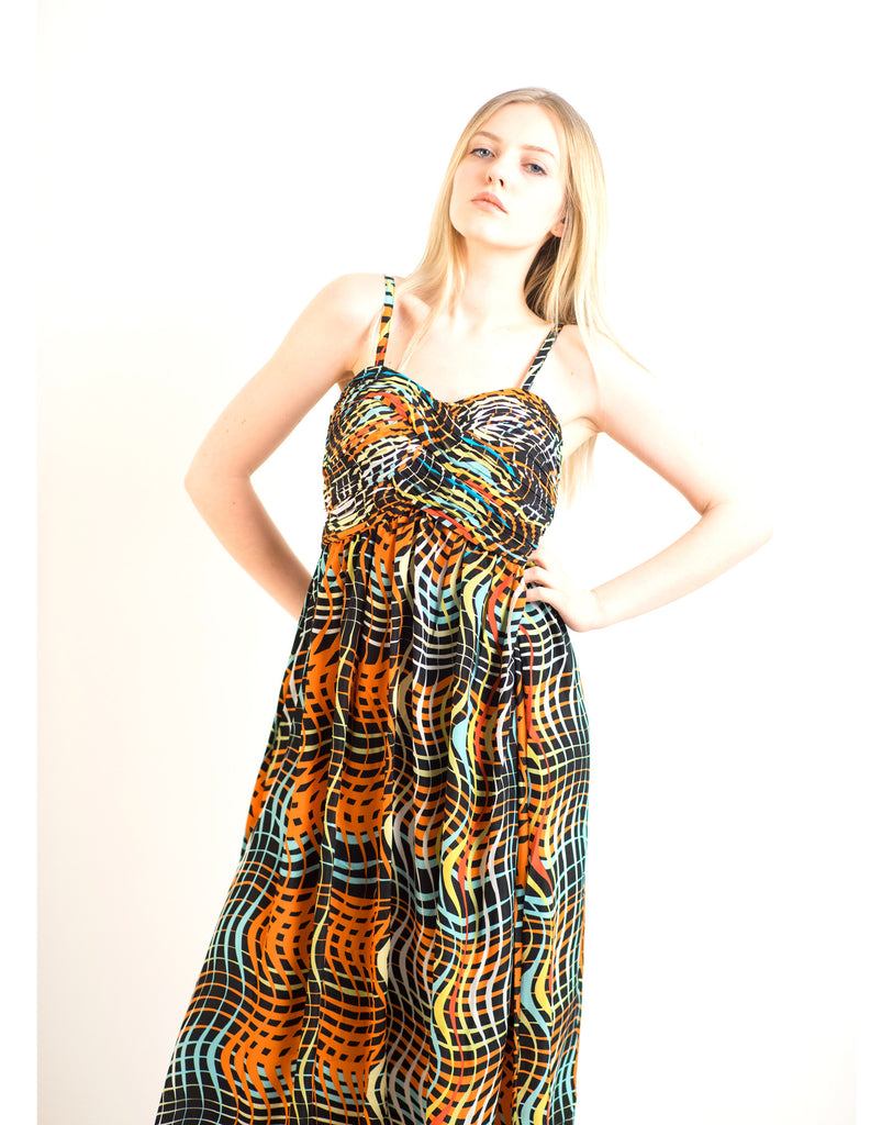 Printed Chiffon Maxi Dress KK6228 (BLACK STRIPE PRINT)