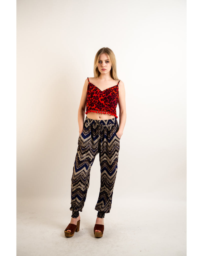 Stripe print elasticated waist Cotton Trousers (Wine)