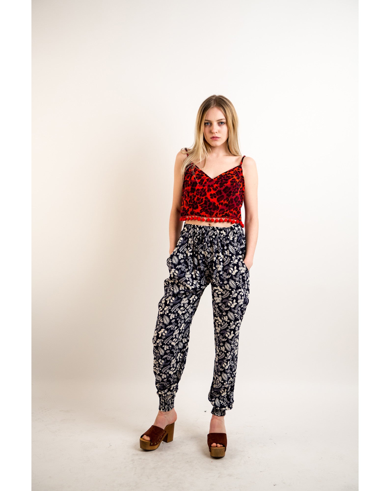 Leaves' print elasticated waist Cotton Trousers (Blue)