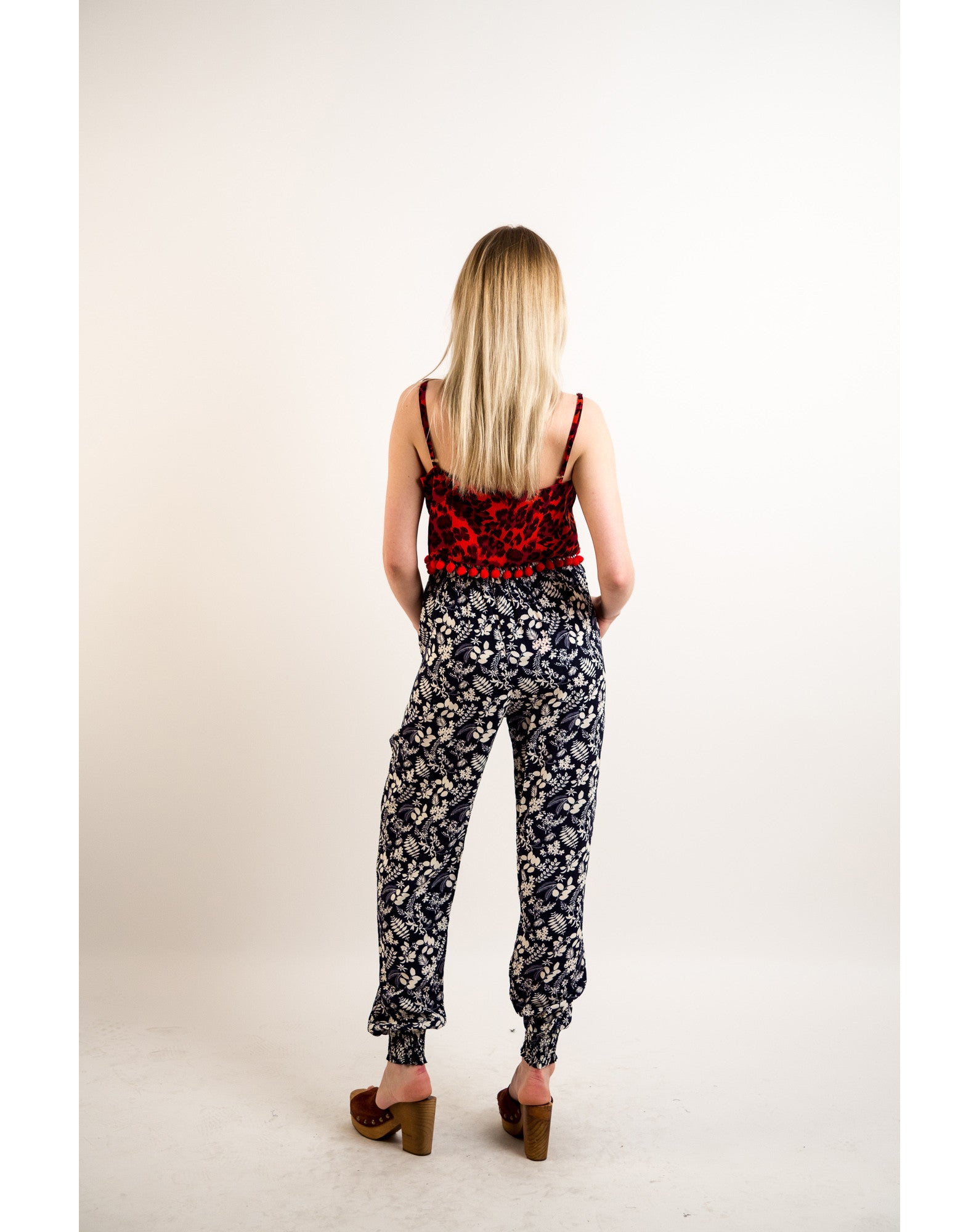 Leaves' print elasticated waist Cotton Trousers (Blue)