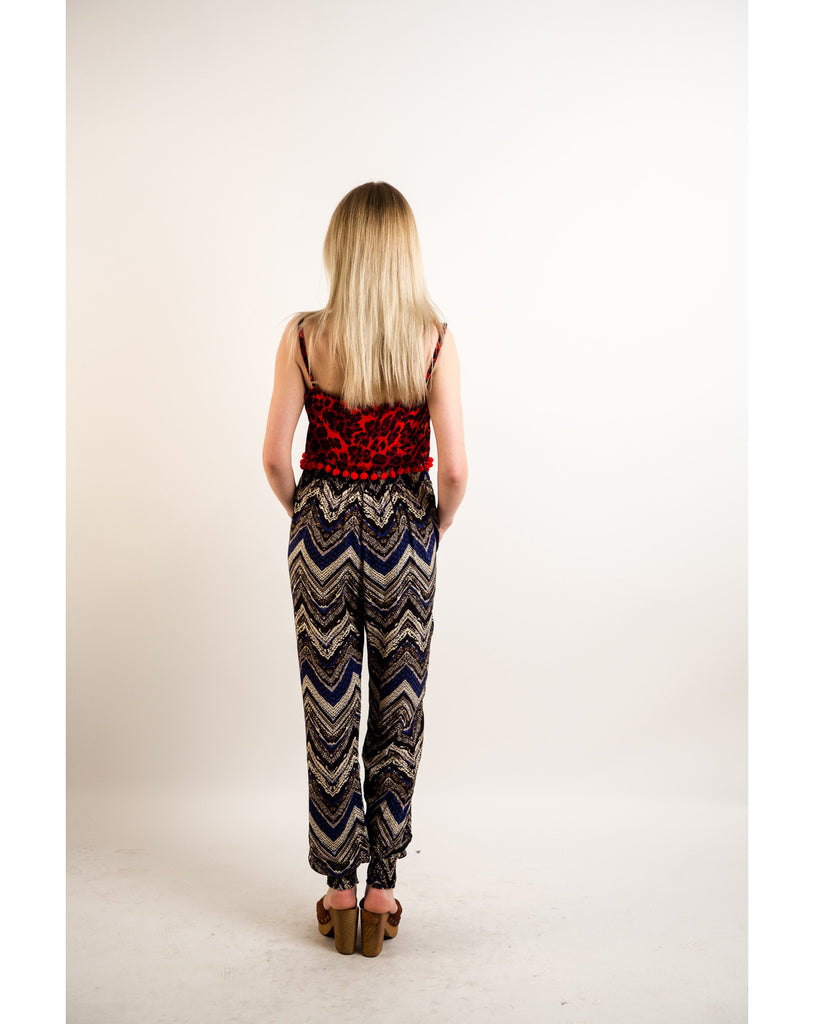 Stripe print elasticated waist Cotton Trousers (Wine)