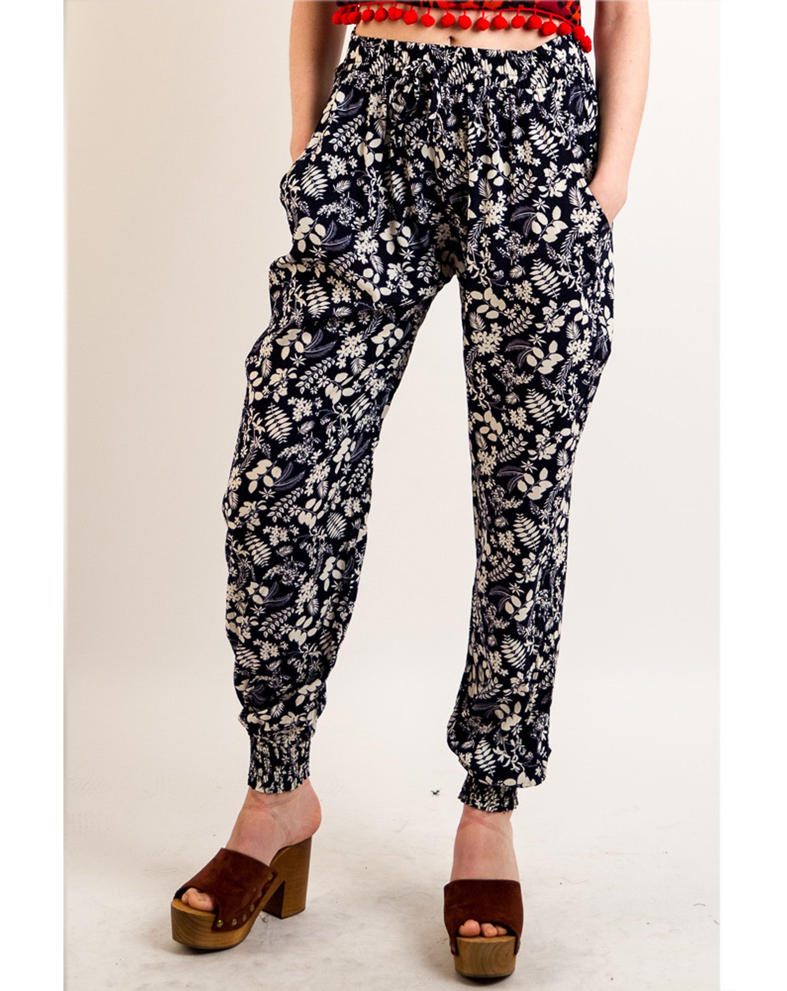 Leaves' print elasticated waist Cotton Trousers (Blue)