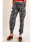Leaves' print elasticated waist Cotton Trousers (Blue)