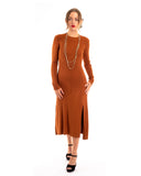Soft Knitted Ribbed Midi Bodycon Dress tie up on back In Brown
